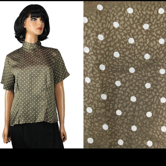 Turtleneck Blouse 10 Vintage 80s Brown White Polka Dot Short Sleeve Dress Shirt - Picture 8 of 8